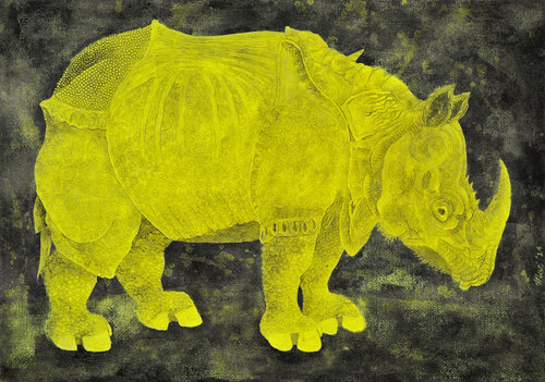 Yellow rhino di Gian Luigi Delpin, Pittura in vendita su Singulart