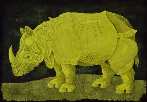 Yellow rhino van Gian Luigi Delpin, Schilderij te koop op Singulart