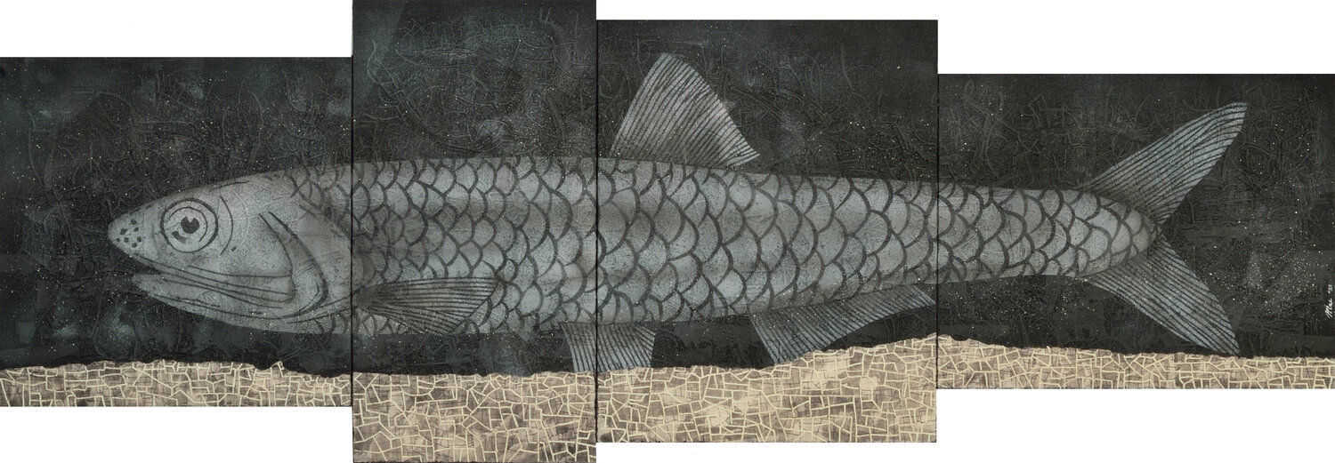 Giant anchovy upon the city Gian Luigi Delpin Originalgemälde zu verkaufen