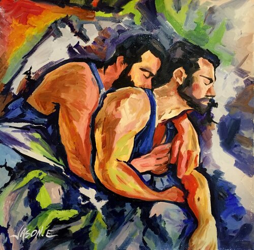 Gay Couple Cuddle di Jason Ebrahimi, Pittura in vendita su Singulart