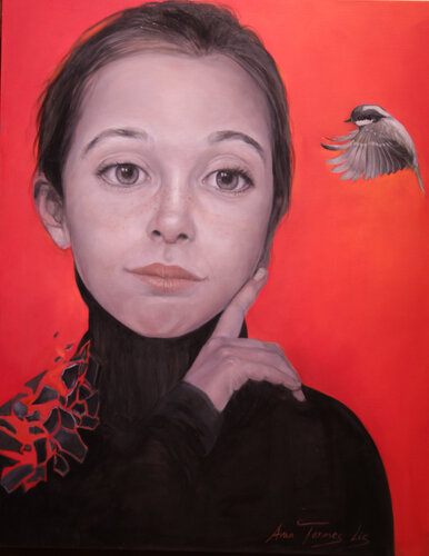 PÁJARO, NIÑA Y FONDO ROJO di Ana Termes Lis, Pittura in vendita su Singulart