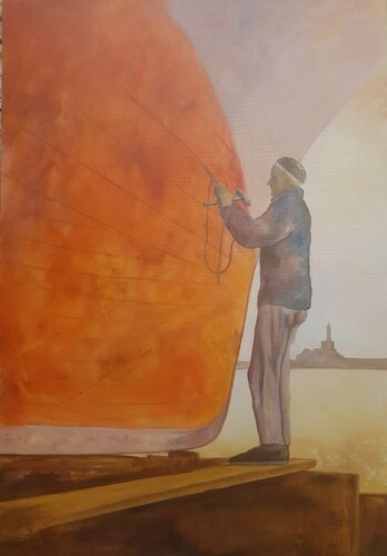 The old fisherman and lighthouse par Miguel Ángel García López, Peinture en vente sur Singulart