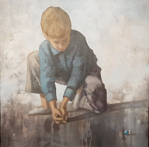 Niño jugando a las canicas von Miguel Ángel García López, Malerei kaufen auf Singulart