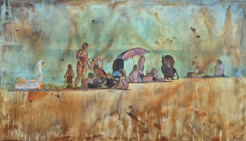 Familias en la playa by Miguel Ángel García López, Painting for Sale on Singulart