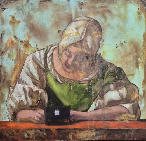 Escritora de Vermeer con portatil di Miguel Ángel García López, Pittura in vendita su Singulart