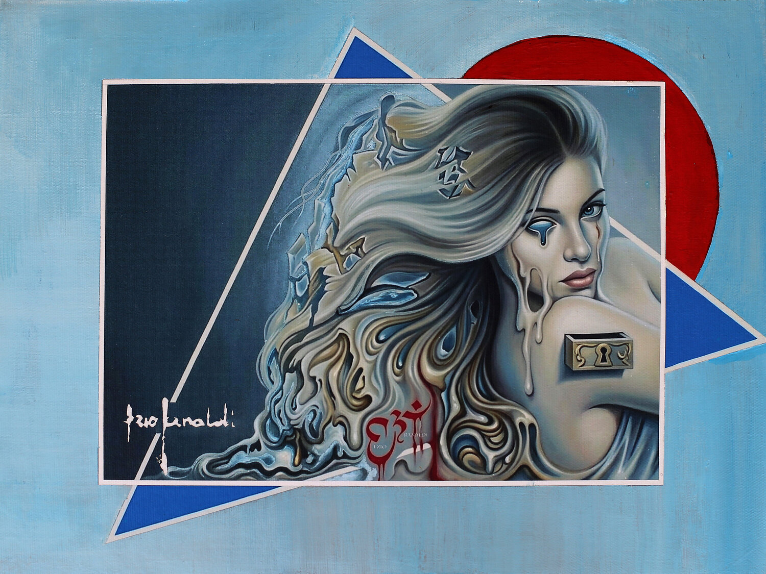 RITRATTO IPNOTICO con triangoli blu - tela Ezio Ranaldi Original painting for sale