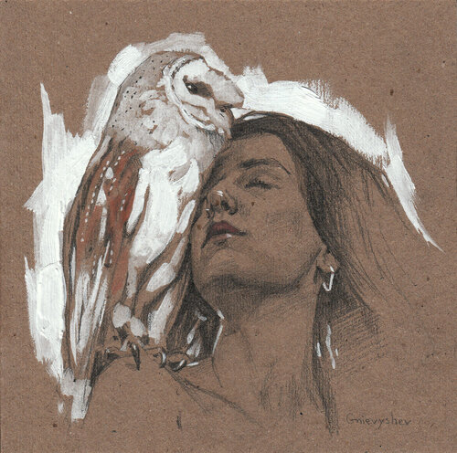 Porträt mit Eule par Oleksii Gnievyshev, Dessin en vente sur Singulart