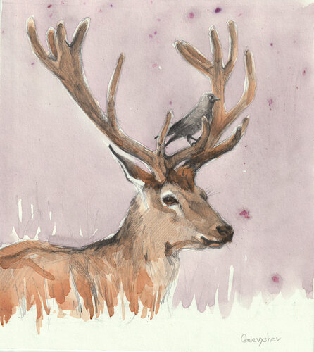 Deer and bird di Oleksii Gnievyshev, Disegno in vendita su Singulart