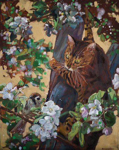 Katze und Spatz par Oleksii Gnievyshev, Peinture en vente sur Singulart