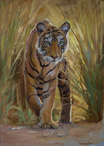 Tiger im Gras par Oleksii Gnievyshev, Peinture en vente sur Singulart