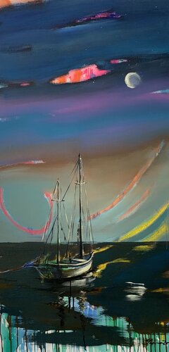 XL vertical sunset - "Night ocean" - Bright seascape - 150x75cm - 2021 di Yaroslav Yasenev, Pittura in vendita su Singulart