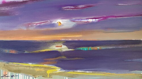 Bright sunset - "Pink evening" - Big Violet seascape - 55x100cm - 2021 van Yaroslav Yasenev, Schilderij te koop op Singulart