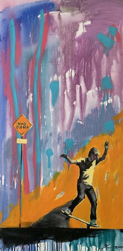Big vertical painting - „Road closed“ - Sport - Skateboarding - City - Street - Urban - Orange van Yaroslav Yasenev, Schilderij te koop op Singulart
