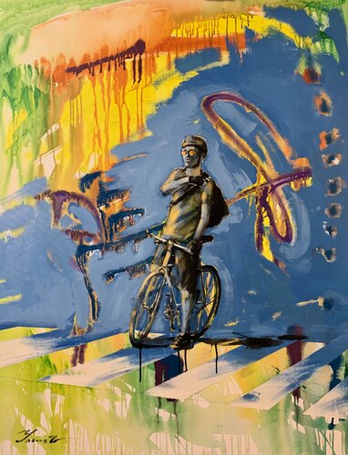 Bight painting - "Cyclist on sunset" - Urban Art - Pop Art - 2022 di Yaroslav Yasenev, Pittura in vendita su Singulart