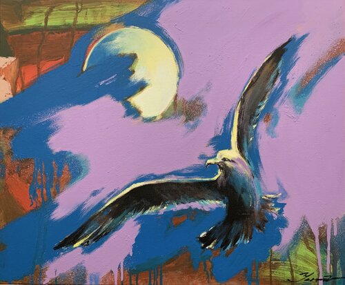 Bright painting - "Seagull on violet background" - Urban Art - Expressionist Art - 2022 von Yaroslav Yasenev, Malerei kaufen auf Singulart