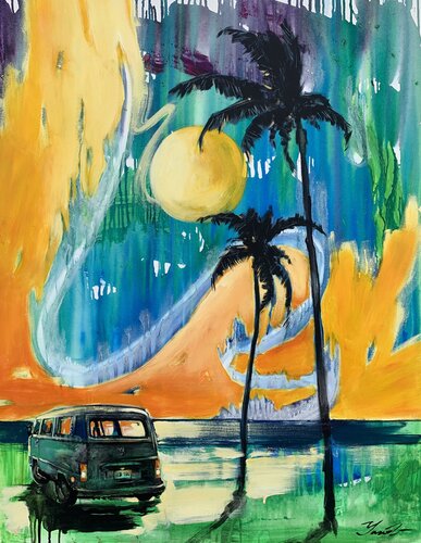 Bright sunset - "California sunset" - Pop Art - Palms - Old school car - Miami - Orange - Seascape van Yaroslav Yasenev, Schilderij te koop op Singulart