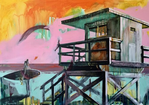 Big painting - "Surf in Miami Beach" - Bright painting - Pop Art - Urban - Surfing - 2022 van Yaroslav Yasenev, Schilderij te koop op Singulart