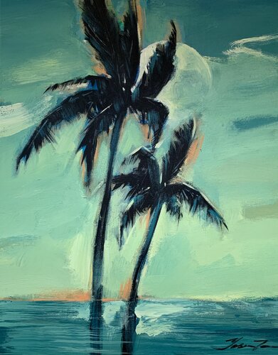 Expressionist painting - "Green day" - Pop Art - palms and sea - night seascape - 2022 van Yaroslav Yasenev, Schilderij te koop op Singulart