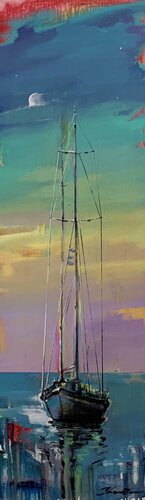 Big vertical painting - "Bright dawn" - delicate color - sunset - sailing boat - seascape - 2022 von Yaroslav Yasenev, Malerei kaufen auf Singulart