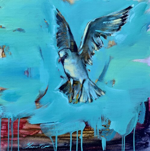 Bright painting - "Flying seagull" - Pop Art - Bird - Sea - Ocean - Sunset van Yaroslav Yasenev, Schilderij te koop op Singulart