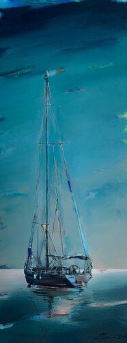Big vertical painting - "Green ocean" - delicate color - sunset - sailing boat - seascape - ocean - 2022 van Yaroslav Yasenev, Schilderij te koop op Singulart