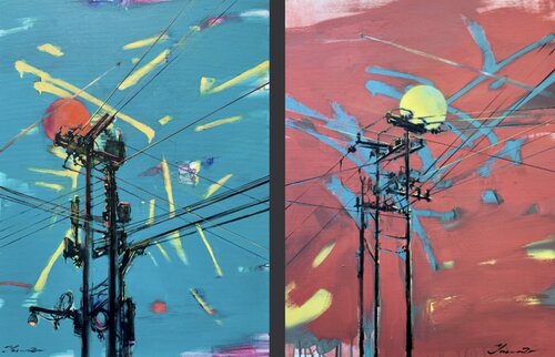 Big diptych - "Red and Blue" - Pop art - Bright - Street art - Sunset - Diptych - Big painting van Yaroslav Yasenev, Schilderij te koop op Singulart