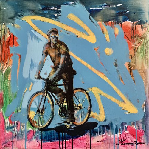 Bright painting - "Ukrainian cyclist" - Urban Art - Pop Art - Bicycle - Street Art van Yaroslav Yasenev, Schilderij te koop op Singulart
