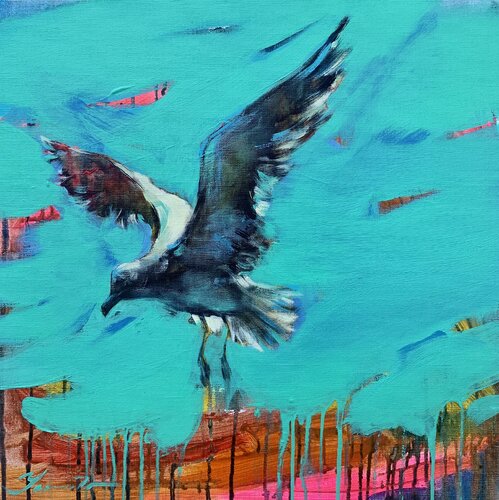 Bright painting - "Near the sea" - Pop Art - Bird - Sea - Ocean - Seagull - Sunset Yaroslav Yasenev