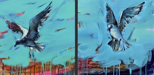 Bright diptych - "Sea sounds" - Pop Art - Bird - Sea - Ocean - Seagull - Sunset von Yaroslav Yasenev, Malerei kaufen auf Singulart