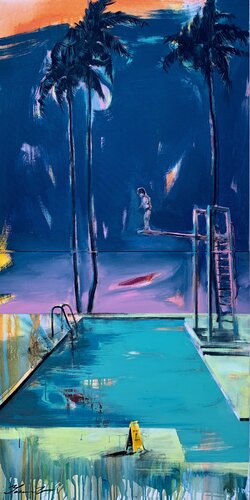 Big vertical painting - "Jump moment" - Pop Art - Palms - Swimming pool - Diptych - Boy - California - Nature - Big painting van Yaroslav Yasenev, Schilderij te koop op Singulart