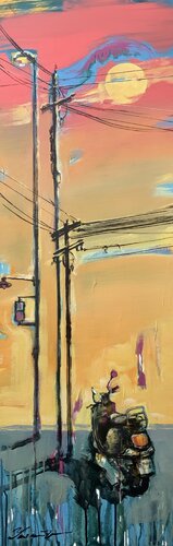 Bright vertical painting - "Sunset in city" - Sunrise - Pop Art - Moped - Expressionism von Yaroslav Yasenev, Malerei kaufen auf Singulart