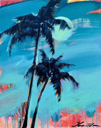 Expressionist painting - "Pink sun rays" - Pop Art - palms and sea - night seascape van Yaroslav Yasenev, Schilderij te koop op Singulart