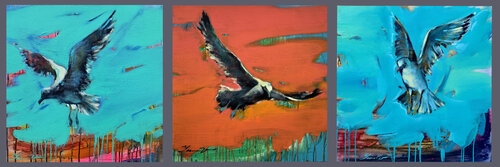 Bright diptych - "Sea sounds" - Pop Art - Bird - Sea - Ocean - Seagull - Sunset von Yaroslav Yasenev, Malerei kaufen auf Singulart