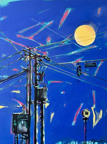 Urban painting - "Yellow moon" - Pop art - Bright - Street art - Electric pole - Urban - Sunset van Yaroslav Yasenev, Schilderij te koop op Singulart