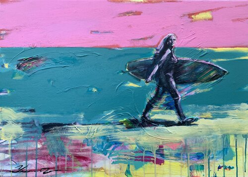 Bright painting - "Miami Beach" - Girl - Pop Art - Urban - Surfing - California van Yaroslav Yasenev, Schilderij te koop op Singulart