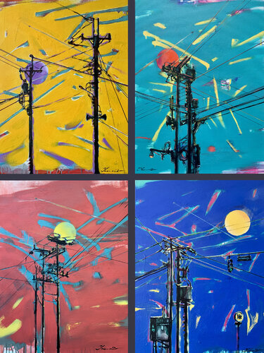 XXXL Urban painting-"Electricity"-Pop art-Polyptych-Bright-Street art-Diptych-Electric pole-Urban-Sunset van Yaroslav Yasenev, Schilderij te koop op Singulart