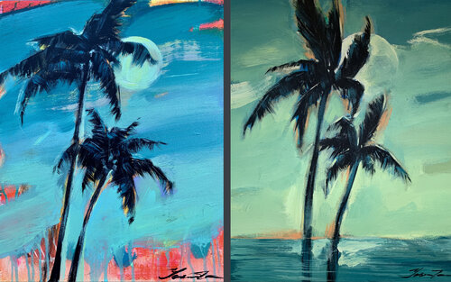 Big XXL painting - "Bright palms" - Pop Art - Palms and Sea - Night Seascape - Huge painting Yaroslav Yasenev
