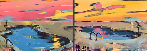 Big horizontal painting - "Pink and Yellow" - Pop Art - Palms - Swimming pool - Diptych von Yaroslav Yasenev, Malerei kaufen auf Singulart
