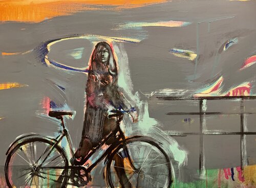 Big painting - "Autumn" - Girl - Bikes - Bicycle - Pop Art - Urban di Yaroslav Yasenev, Pittura in vendita su Singulart