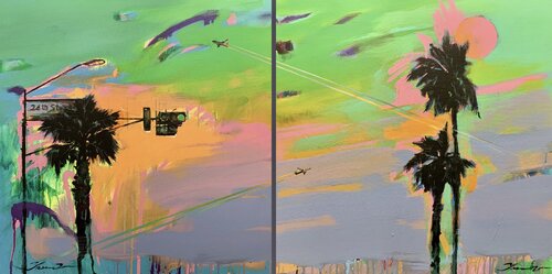 Big XXL artwork - "Green light" - Pop Art - Palm - Diptych - Street Art - Expressionism Yaroslav Yasenev