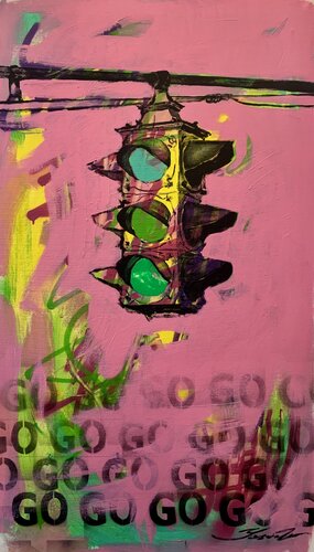 Pink vertical painting - "GO" - Pop Art - Street Art - Traffic light - Urban Art par Yaroslav Yasenev, Peinture en vente sur Singulart