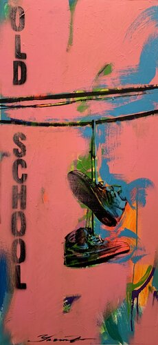 Pink vertical painting - "OLD SCHOOL" - Pop Art - Street Art - Sneakers - Urban Art - Electric wires von Yaroslav Yasenev, Malerei kaufen auf Singulart