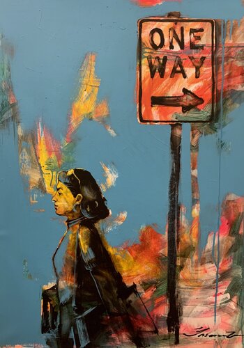 Bright vertical painting - "ONE WAY" - Street art - City - Street - Girl - Road sign - Urban art - Cityscape par Yaroslav Yasenev, Peinture en vente sur Singulart