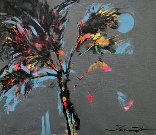 Expressionist painting - "Blue moon" - Pop Art - Palms and Sea - Night seascape - Sun - Orange Sunset par Yaroslav Yasenev, Peinture en vente sur Singulart