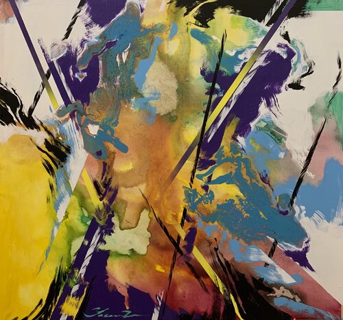 Abstract painting - "Purple Reflection" - Abstraction - Geometric - Space abstract - Big painting - Bright abstract by Yaroslav Yasenev, 油畫 for Sale on Singulart