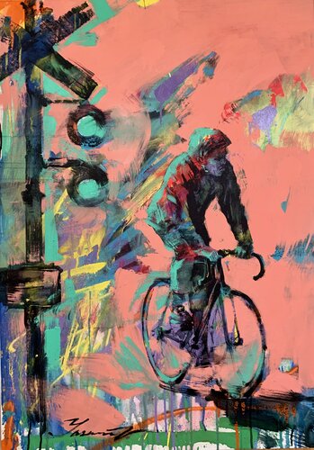 Bright painting - "City cyclist" - Urban Art - Pop Art - Bicycle - Street Art - Pink&Green - City - Street scene di Yaroslav Yasenev, Pittura in vendita su Singulart