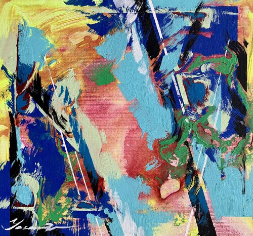 Abstract painting - "Yellow fog" - Abstraction - Geometric - Space abstract - Small painting - Bright abstract - Yellow and Blue by Yaroslav Yasenev, 油畫 for Sale on Singulart