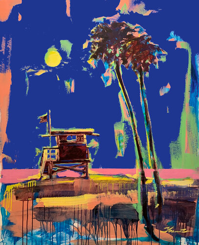Big painting - "Blue sky in Miami" - Bright painting - Pop Art - Urban - Palms - California - Sunset - Blue&Pink par Yaroslav Yasenev, Peinture en vente sur Singulart