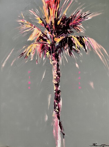Huge XXXL painting - "PINK PALM" - Bright painting - Pop Art - Exotic - Palms - California - Sunset - Grey&Pink par Yaroslav Yasenev, Peinture en vente sur Singulart