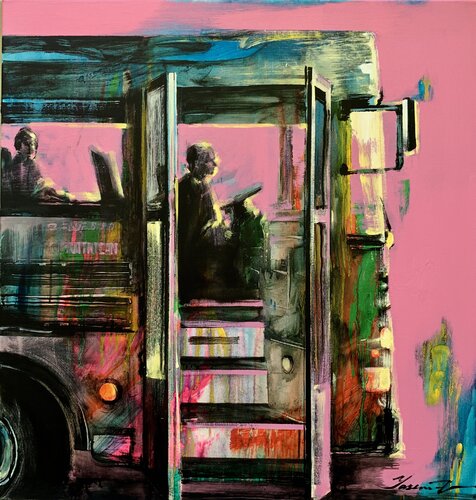Big bright painting - "School bus" - Bus - Urban - Road - Street art - Pink von Yaroslav Yasenev, Malerei kaufen auf Singulart